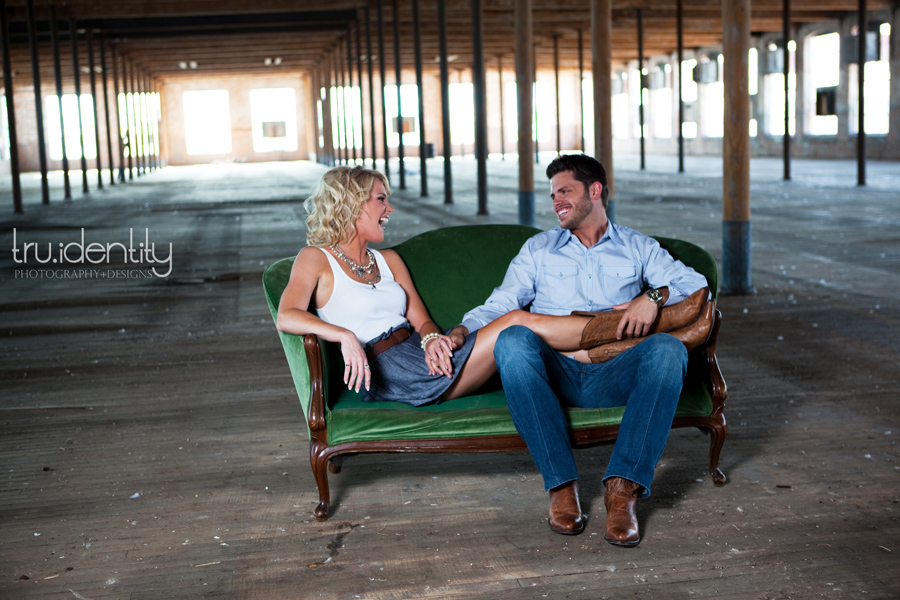Green couch at the Mckinney Cotton Mill photo